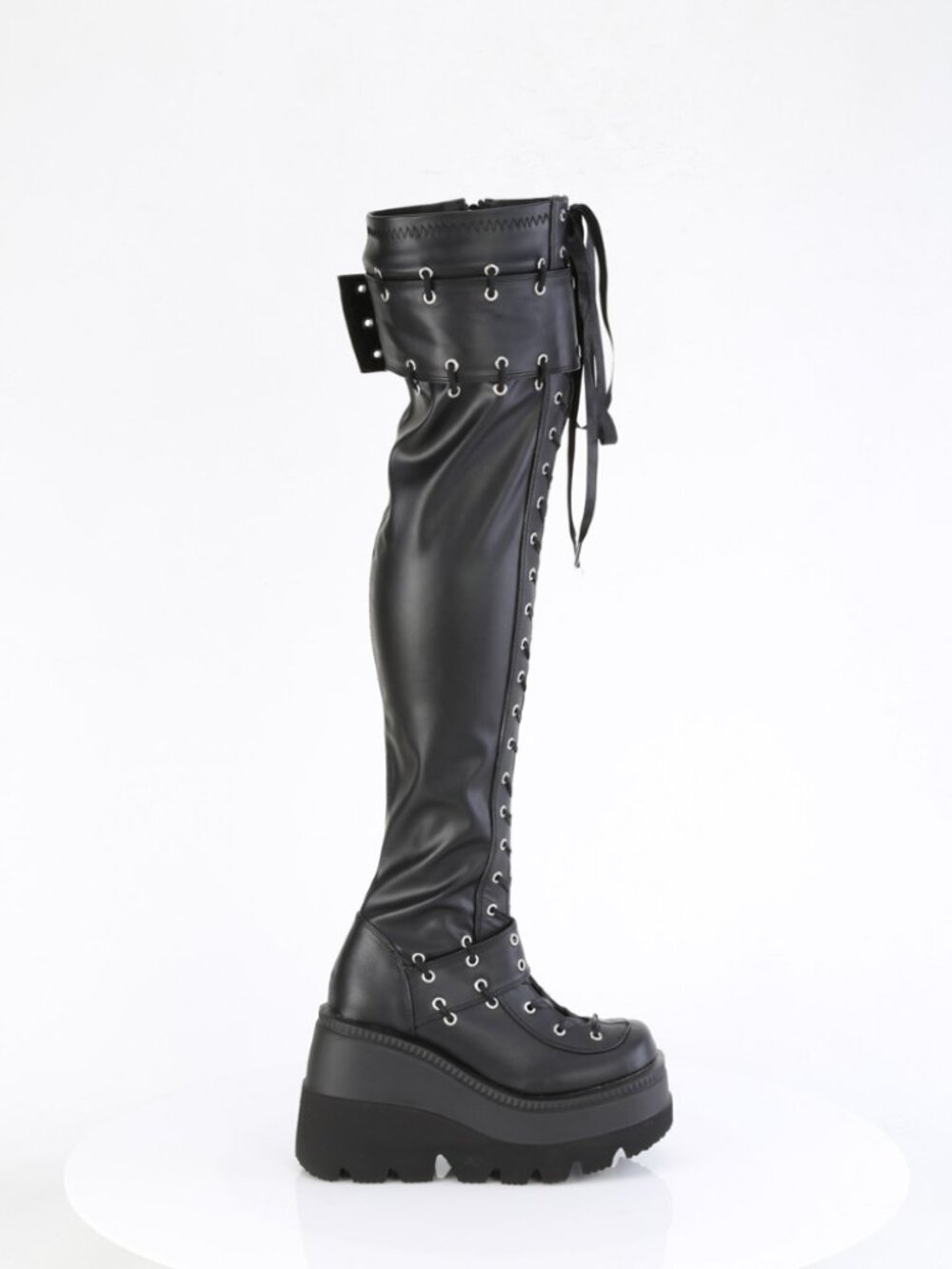 Open-Front Lace-Up Stretch Thigh-High Boots with Hook-and-Loop Straps Inner Zip